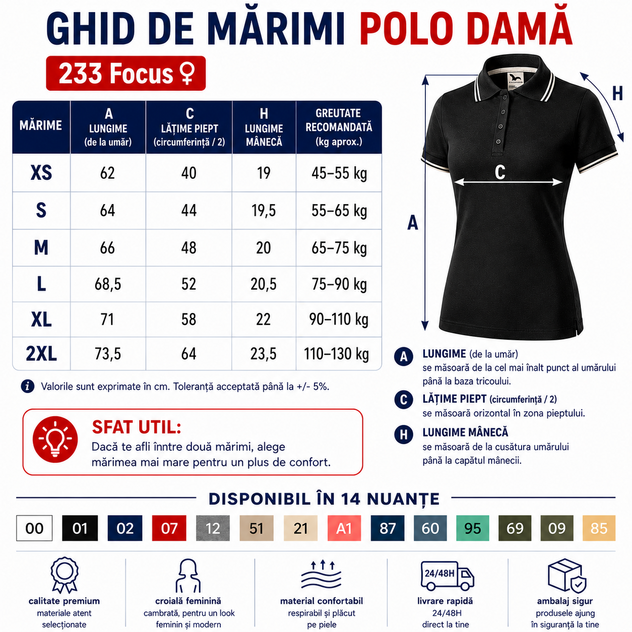 Ghid de mărimi Tricou Polo Damă Malfini 233 Focus, mărimi XS, S, M, L, XL și 2XL